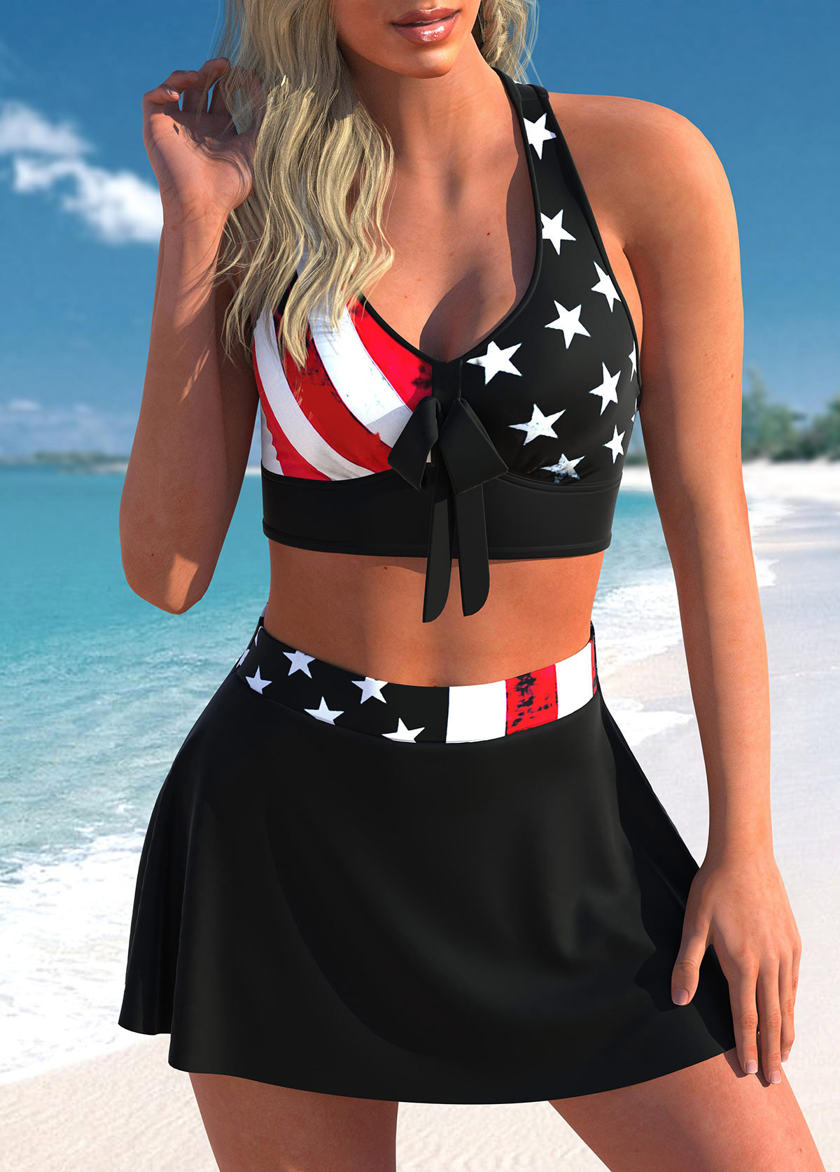 American Flag Print High Waisted Cross Strap Bikini Set
