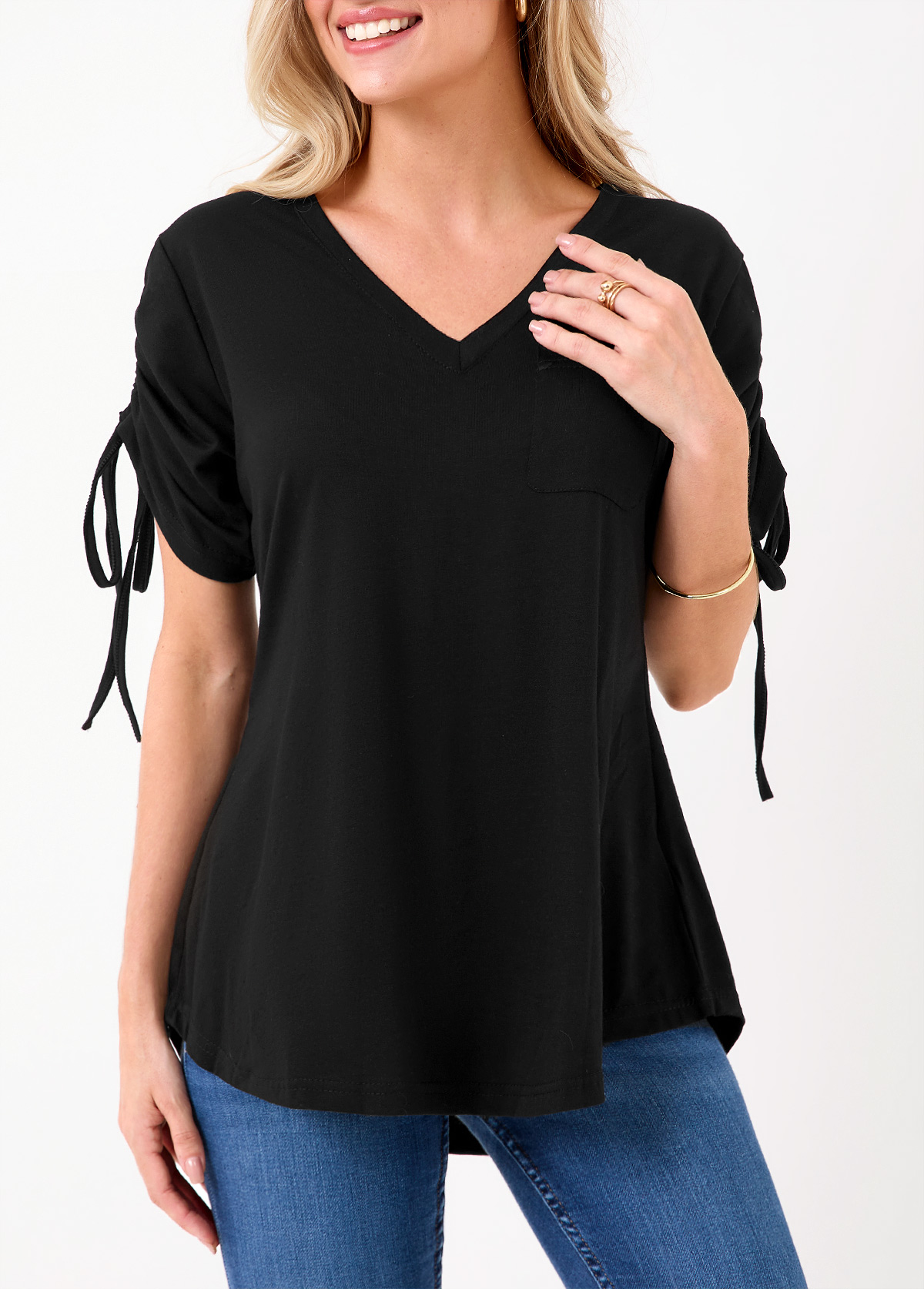Black Drawstring Sleeve V Neck T Shirt