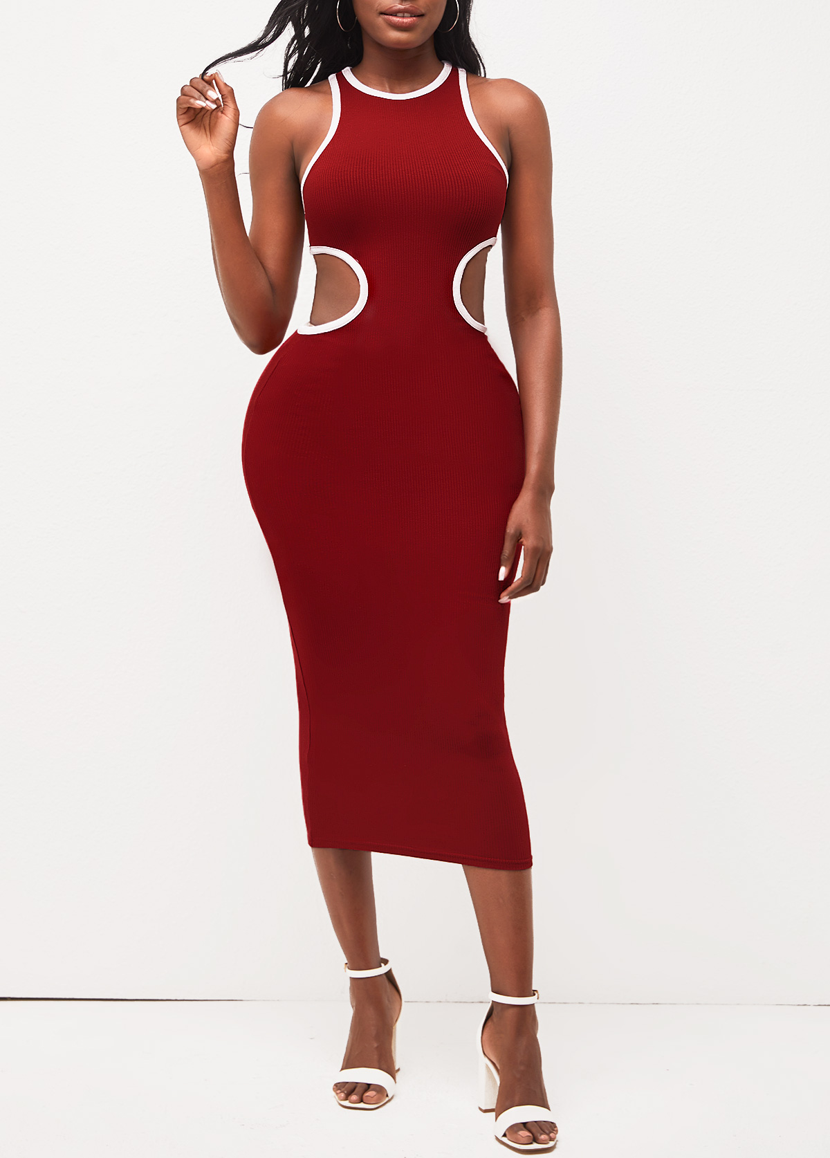 Cutout Round Neck Wine Red Sleeveless Dress