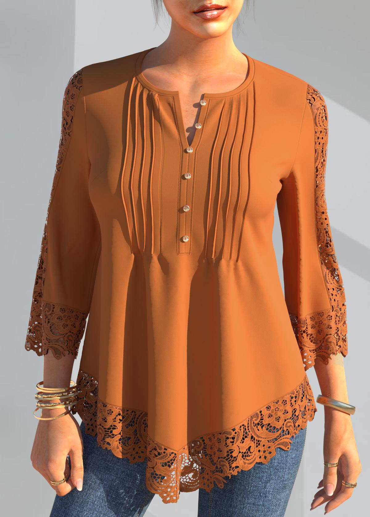 Crinkle Chest Coral Orange Lace Panel Blouse