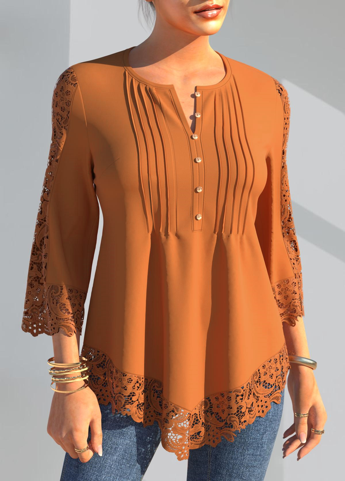 Crinkle Chest Coral Orange Lace Panel Blouse