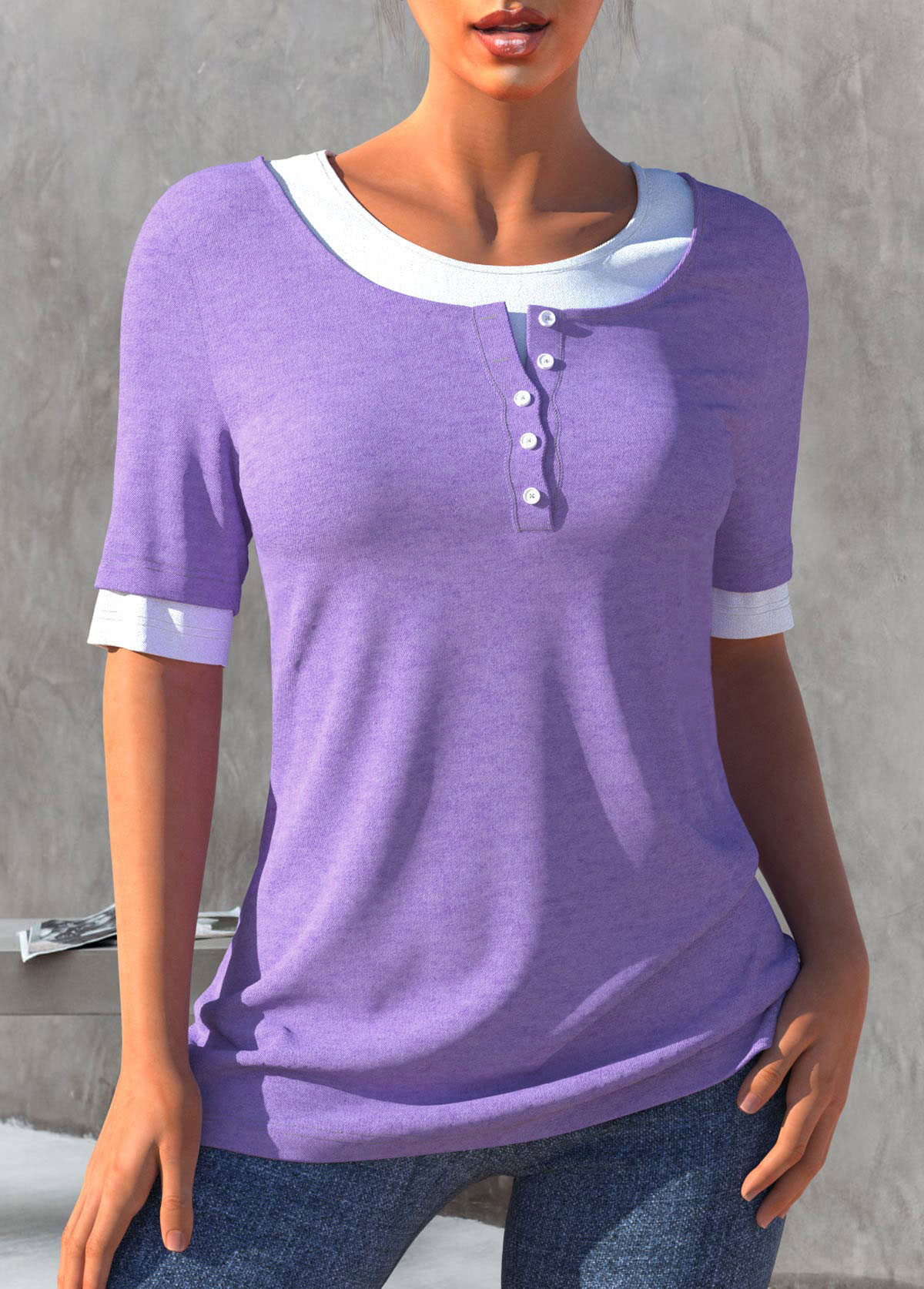 Light Purple Faux Two Piece Contrast T Shirt