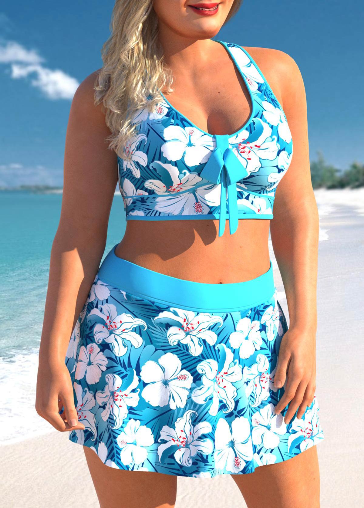Plus Size Floral Print Cyan High Waisted Bikini Set