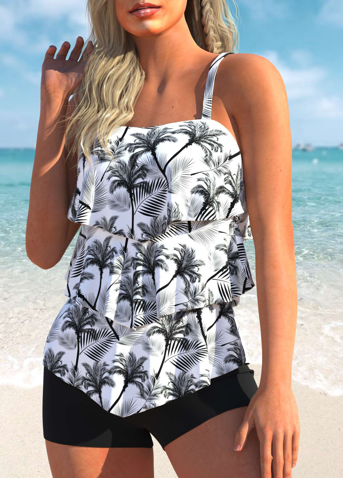 Coconut Print Layered Hem White Tankini Set | picture 