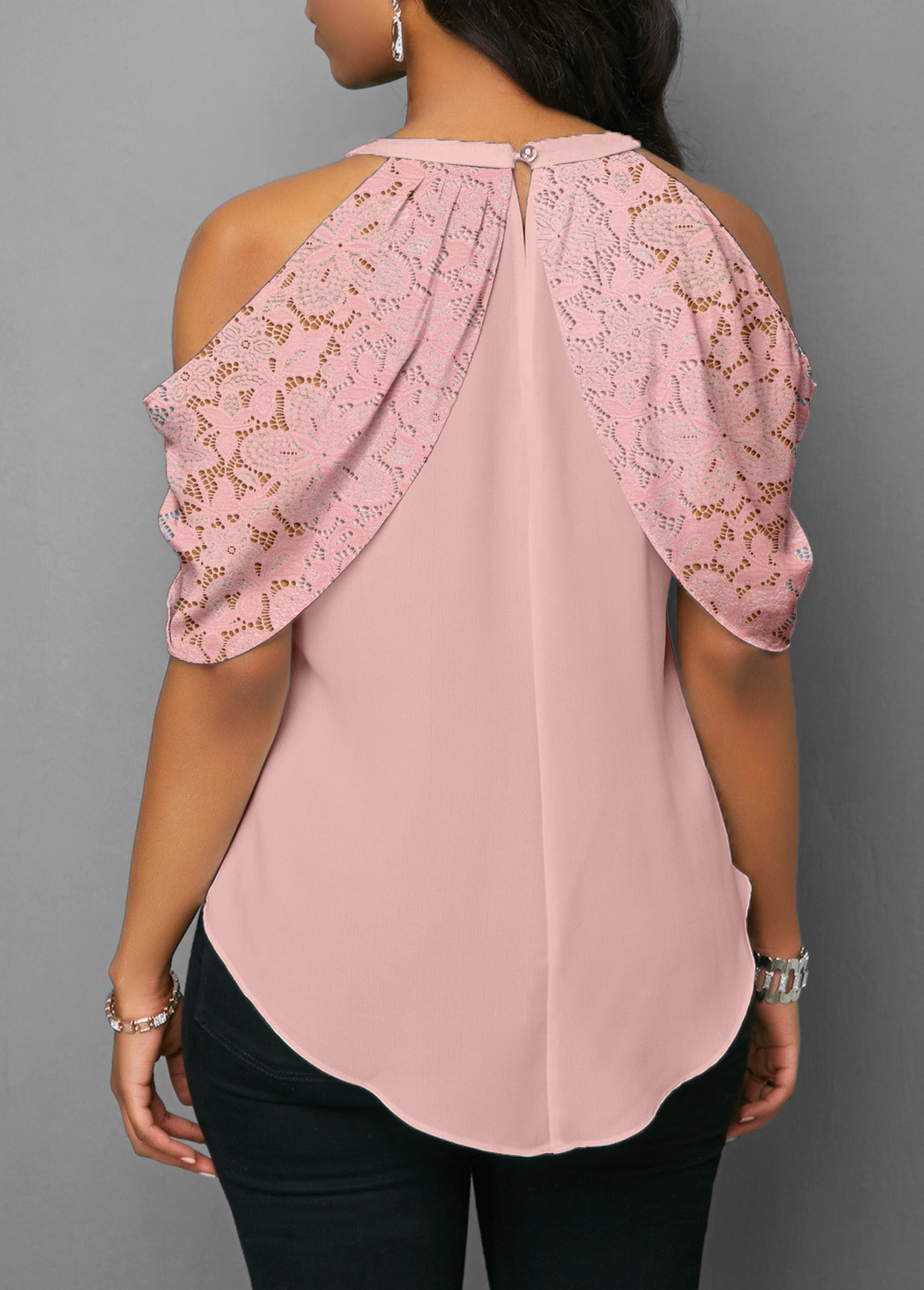 Bowknot Lace Stitching Pink Cold Shoulder Blouse