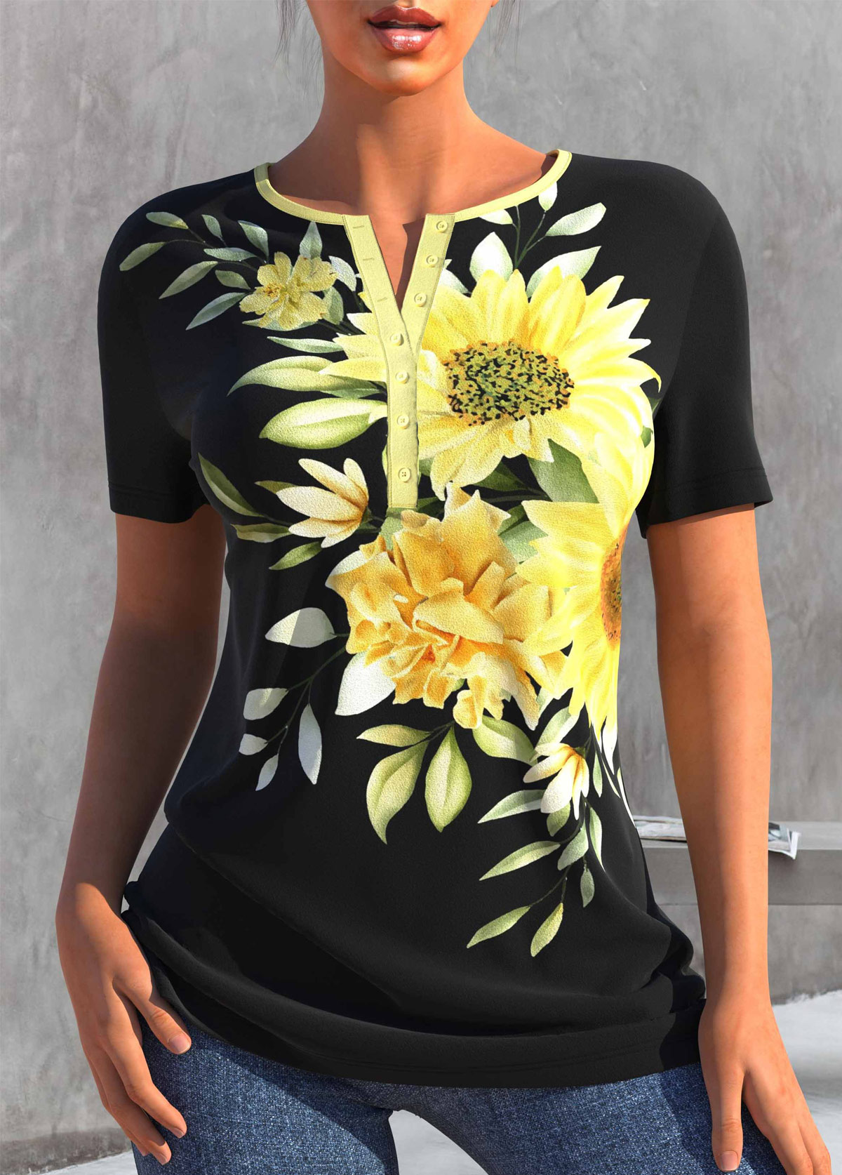 Floral Print Short Sleeve Black T Shirt