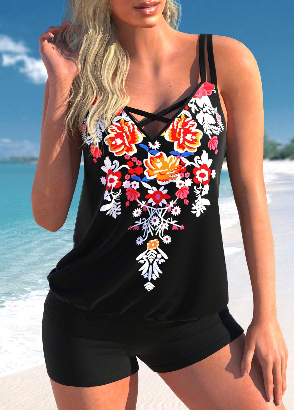 Black Floral Print Cross Strap Tankini Top-No Bottom | linkimg