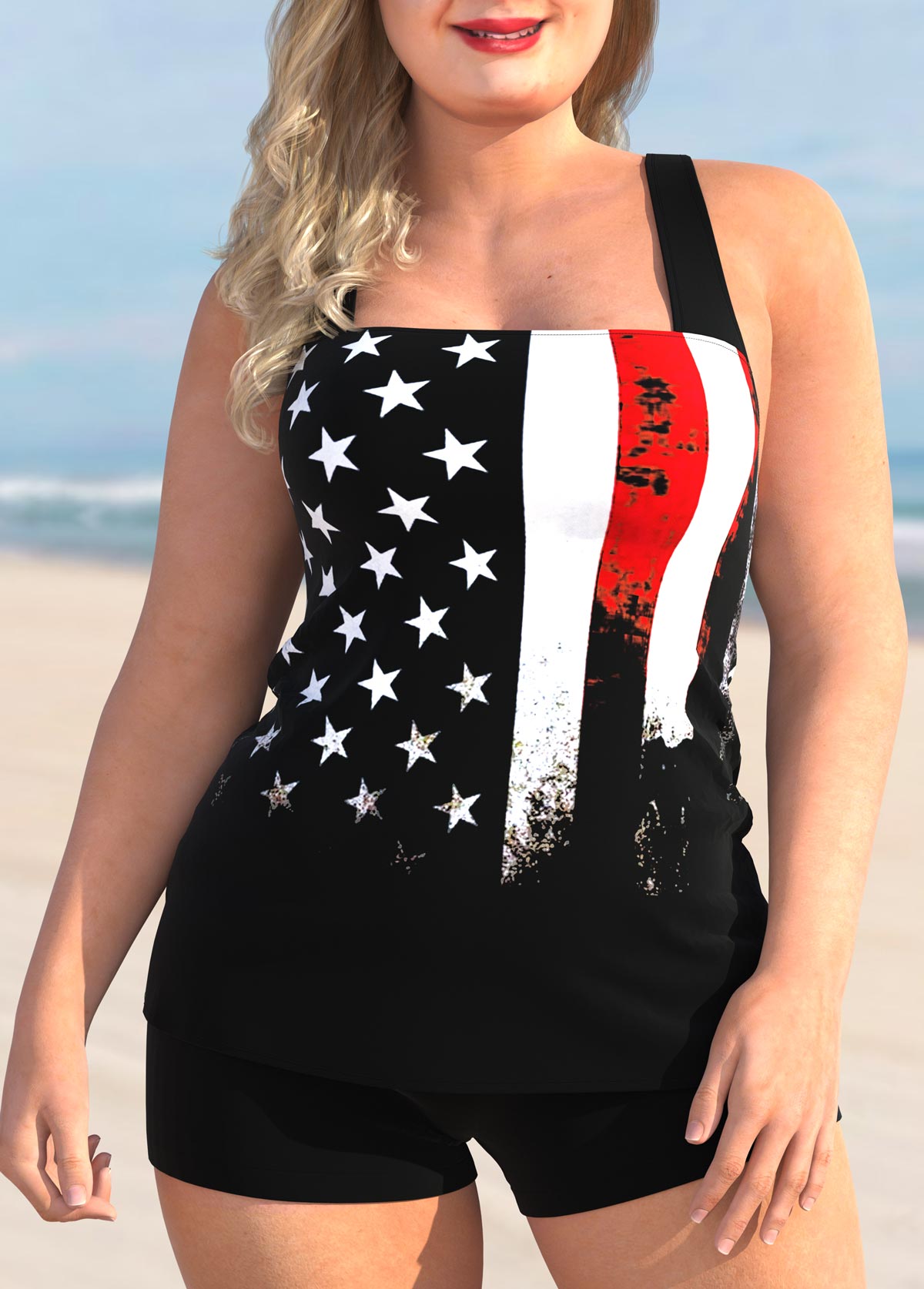 Plus Size American Flag Print Black Tankini Set
