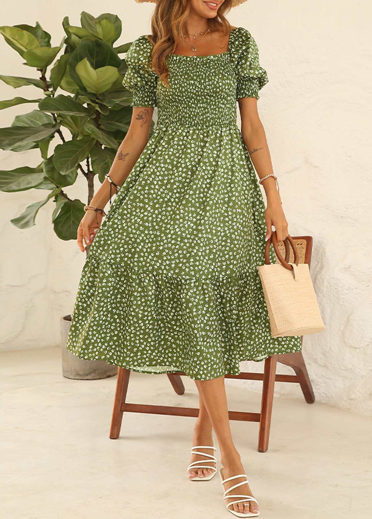 Puff Sleeve Printed Smocked Green Dress