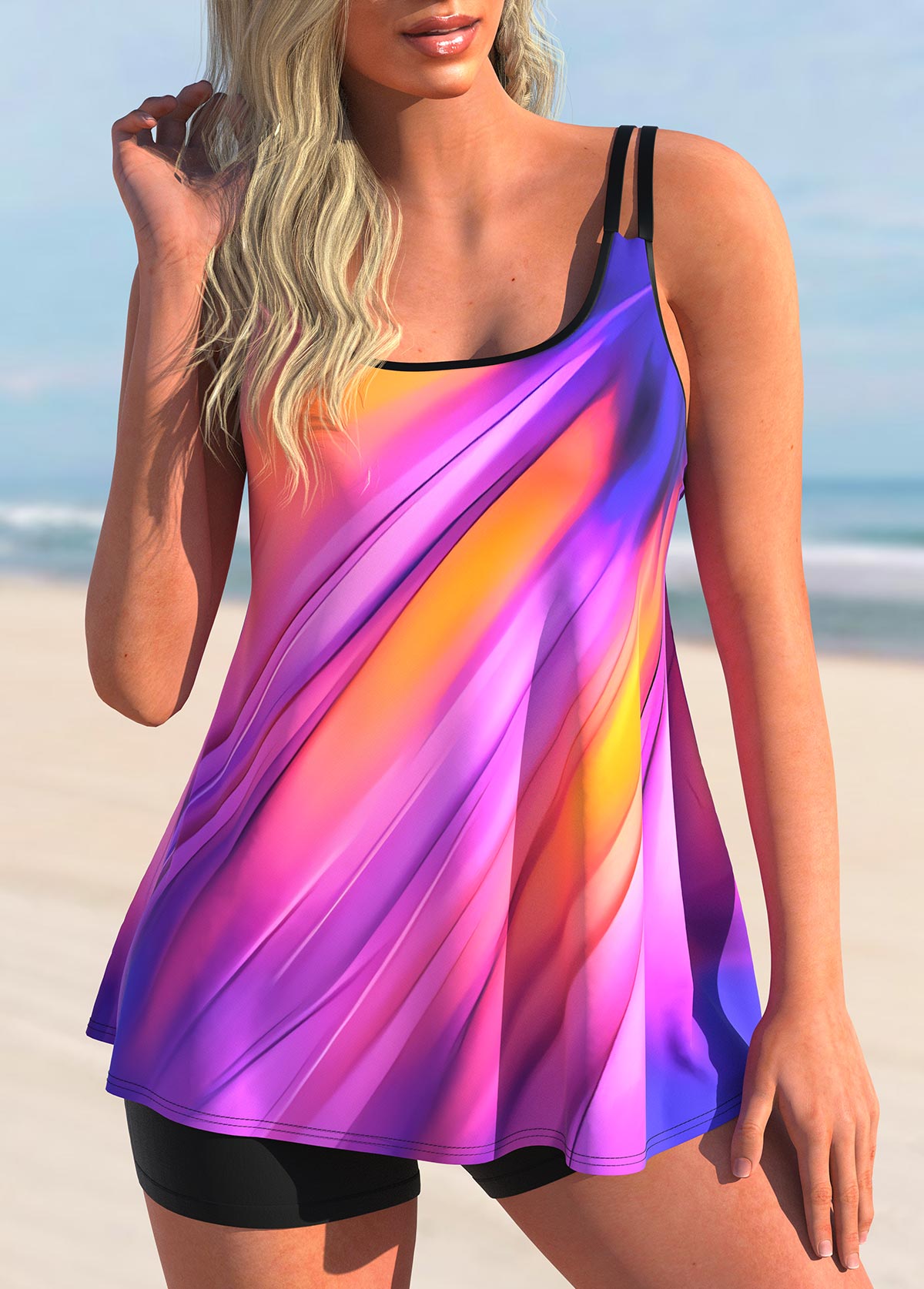 Double Straps Colorful Printed Tankini Top