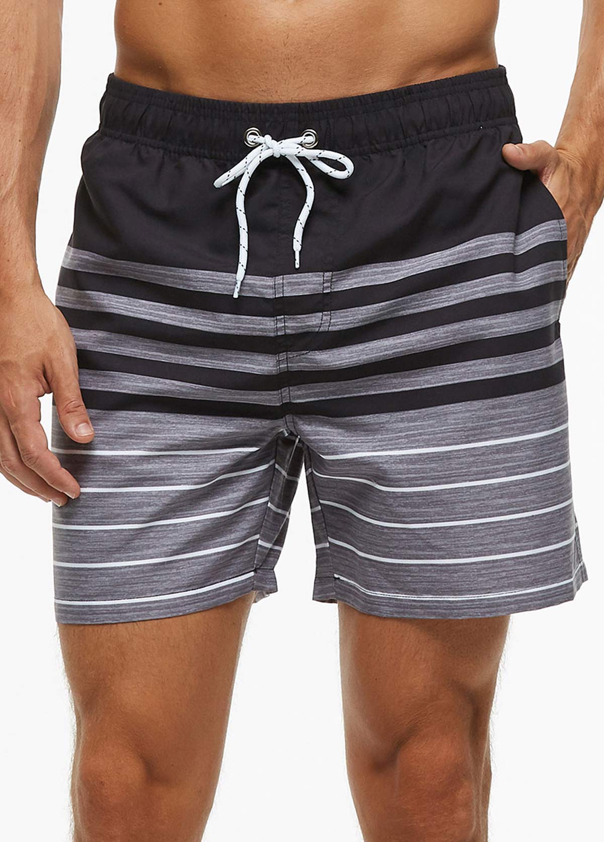 Waterproof Grey Striped Breathable Mesh Swim Trunks for Men