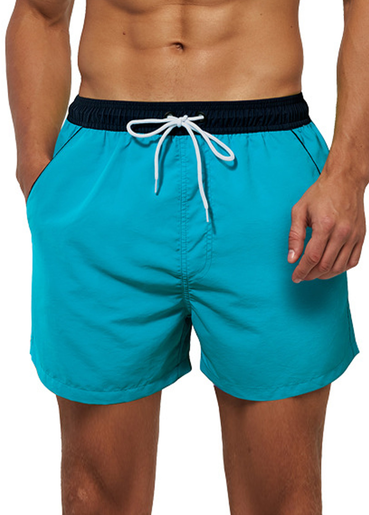 Blue Drawstring Pocket Zipper Detail Swim Trunks for Men