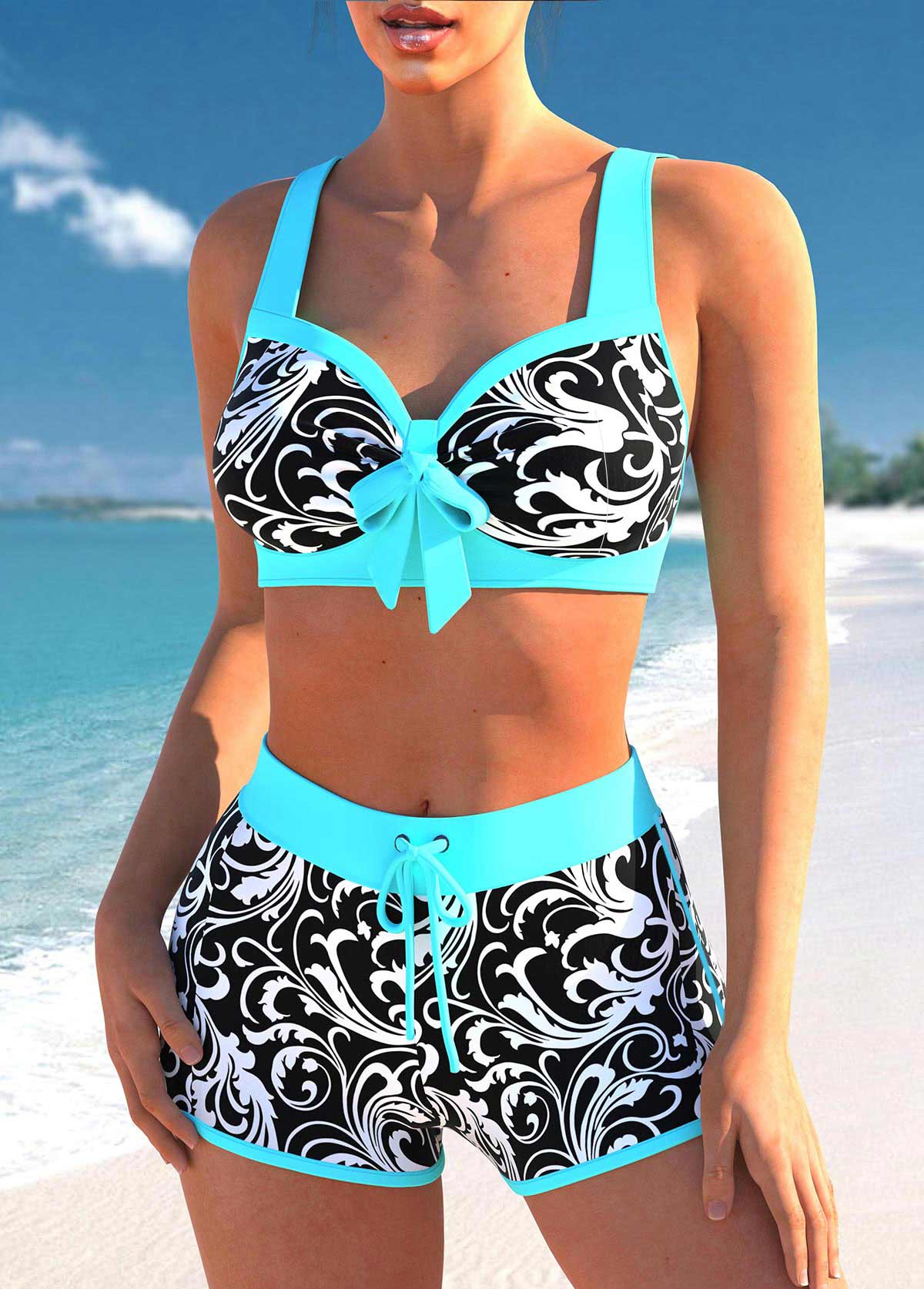 Contrast Stitch Cyan Floral Print Bikini Set