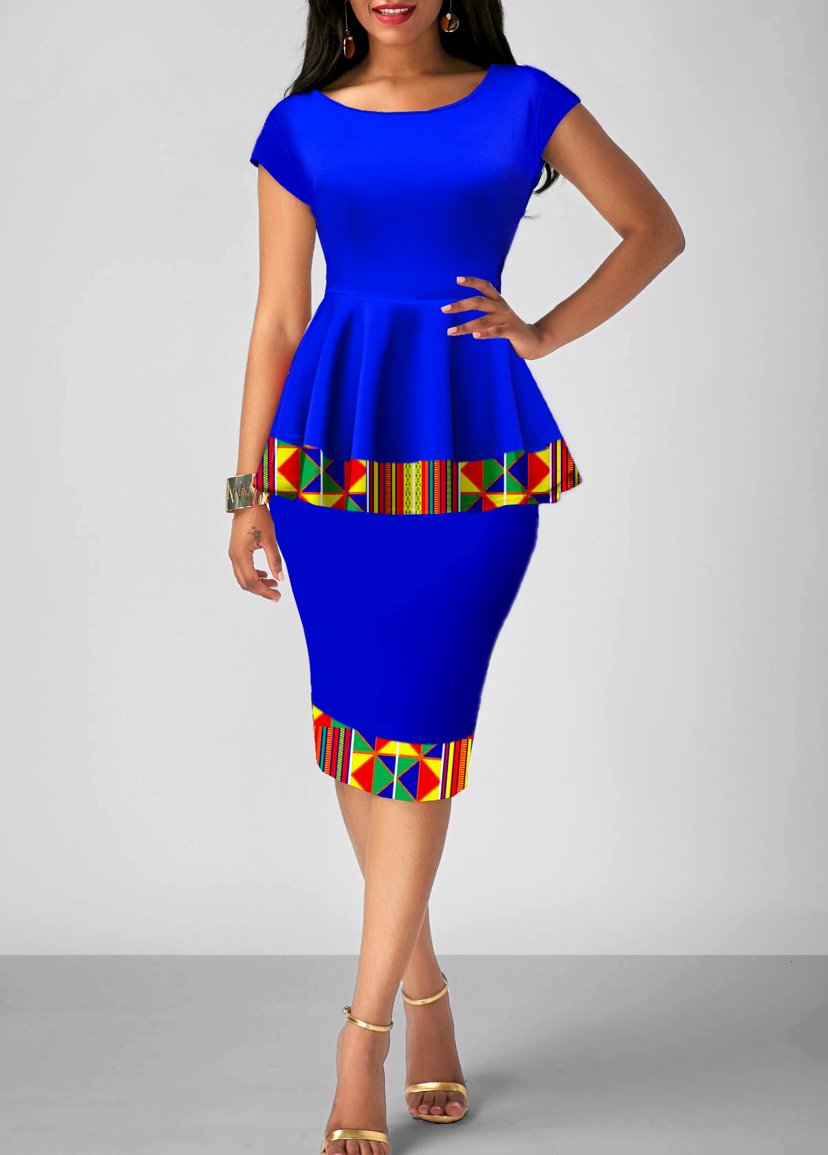 Royal Blue Short Sleeve Tribal Print Dress