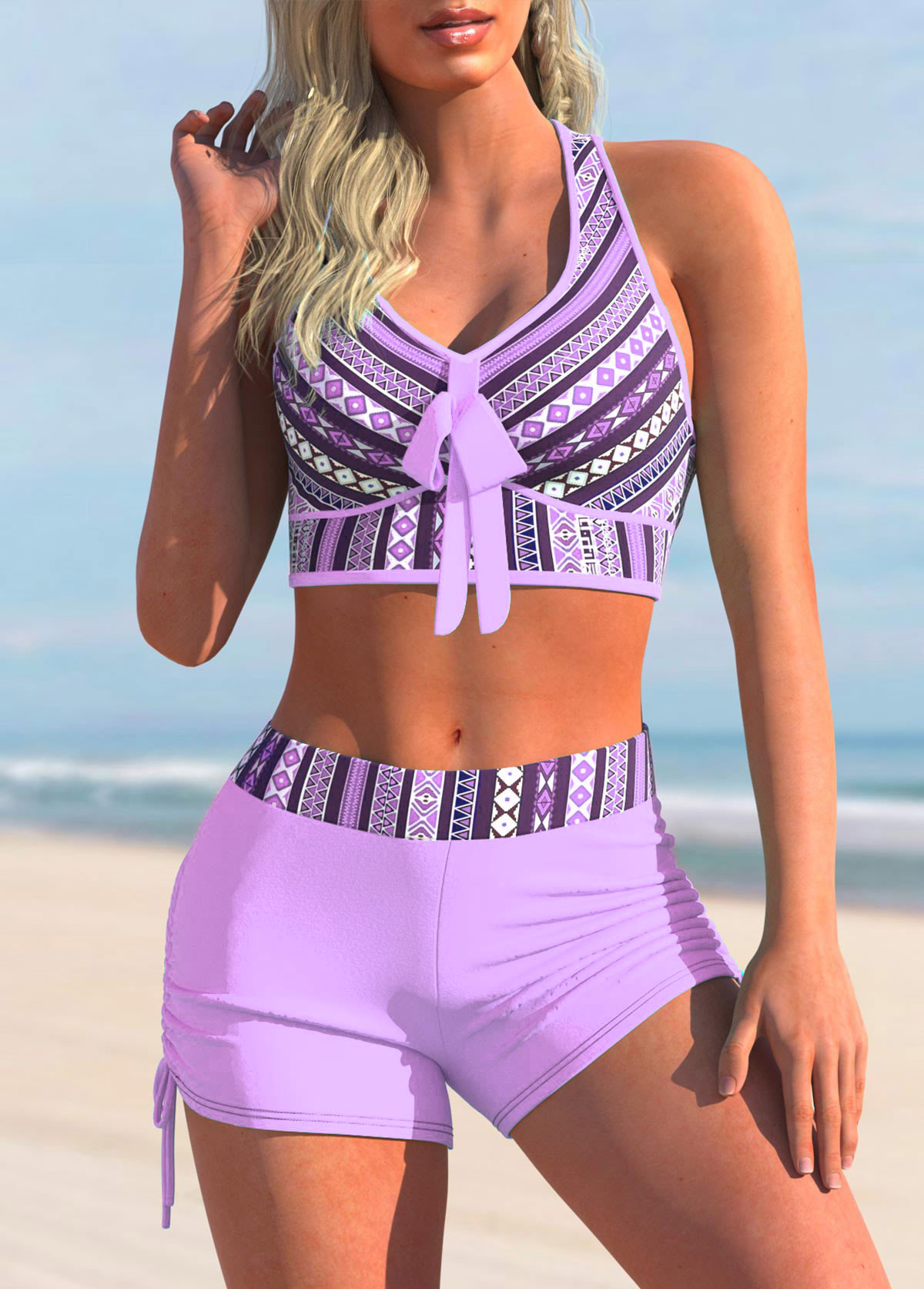 Light Purple Tribal Print Striped Drawstring Bikini Set