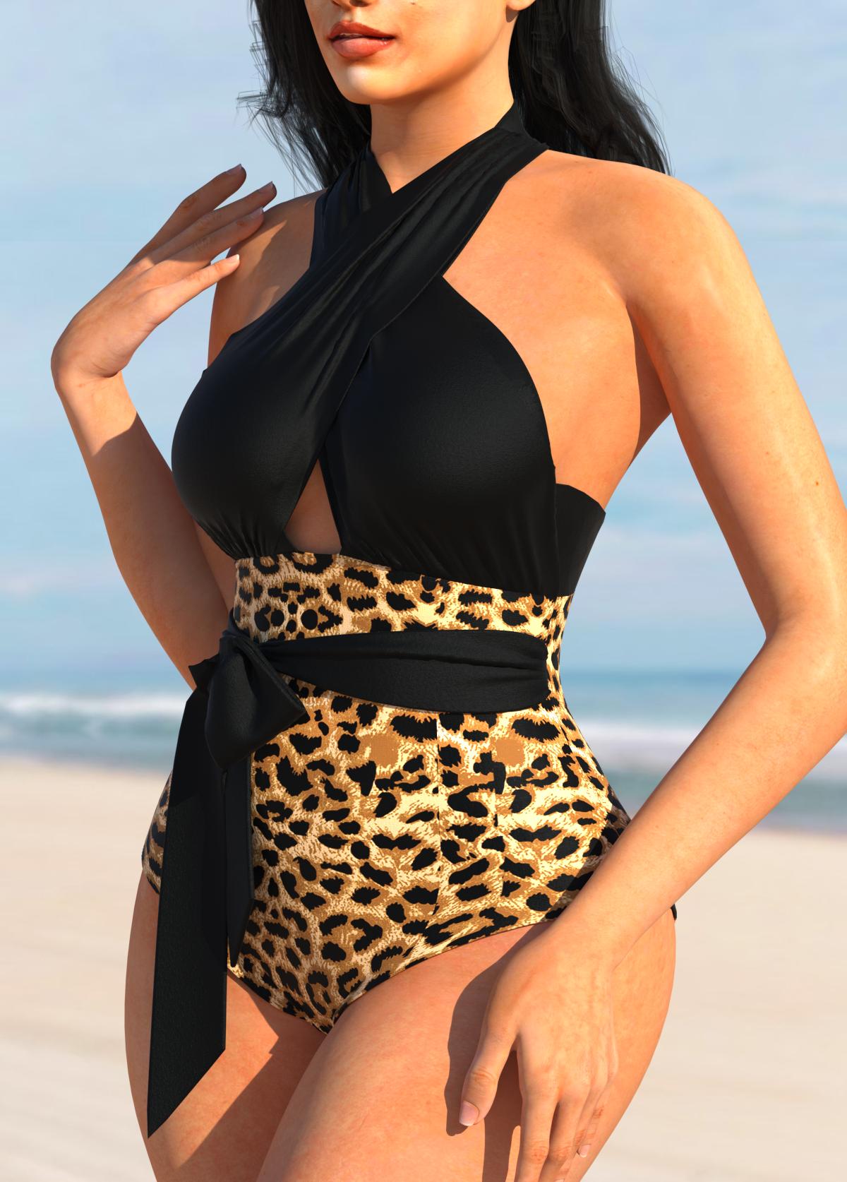 Leopard Black Cross Halter One Piece Swimwear
