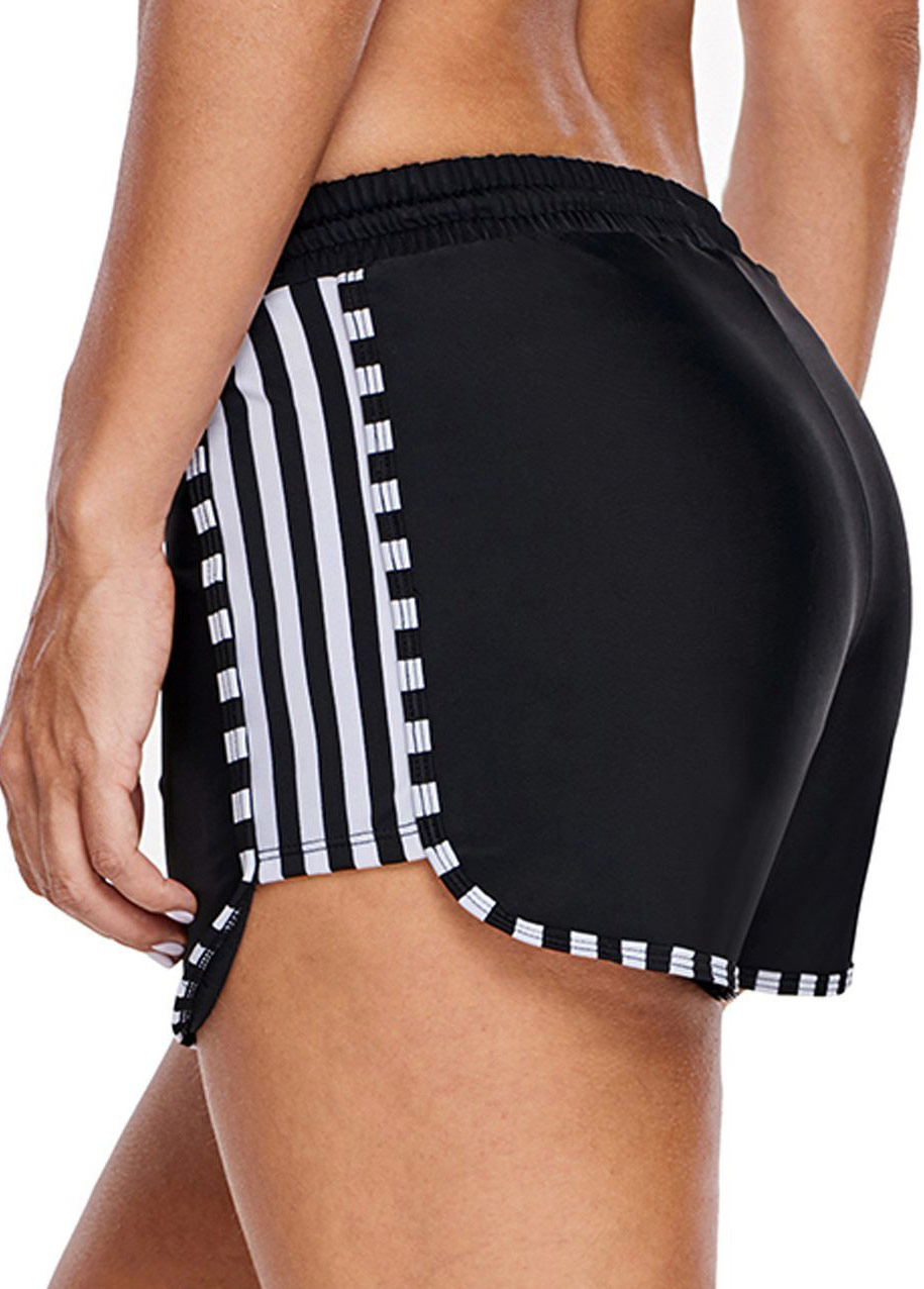 Black Striped Contrast Stitch High Waisted Swim Shorts