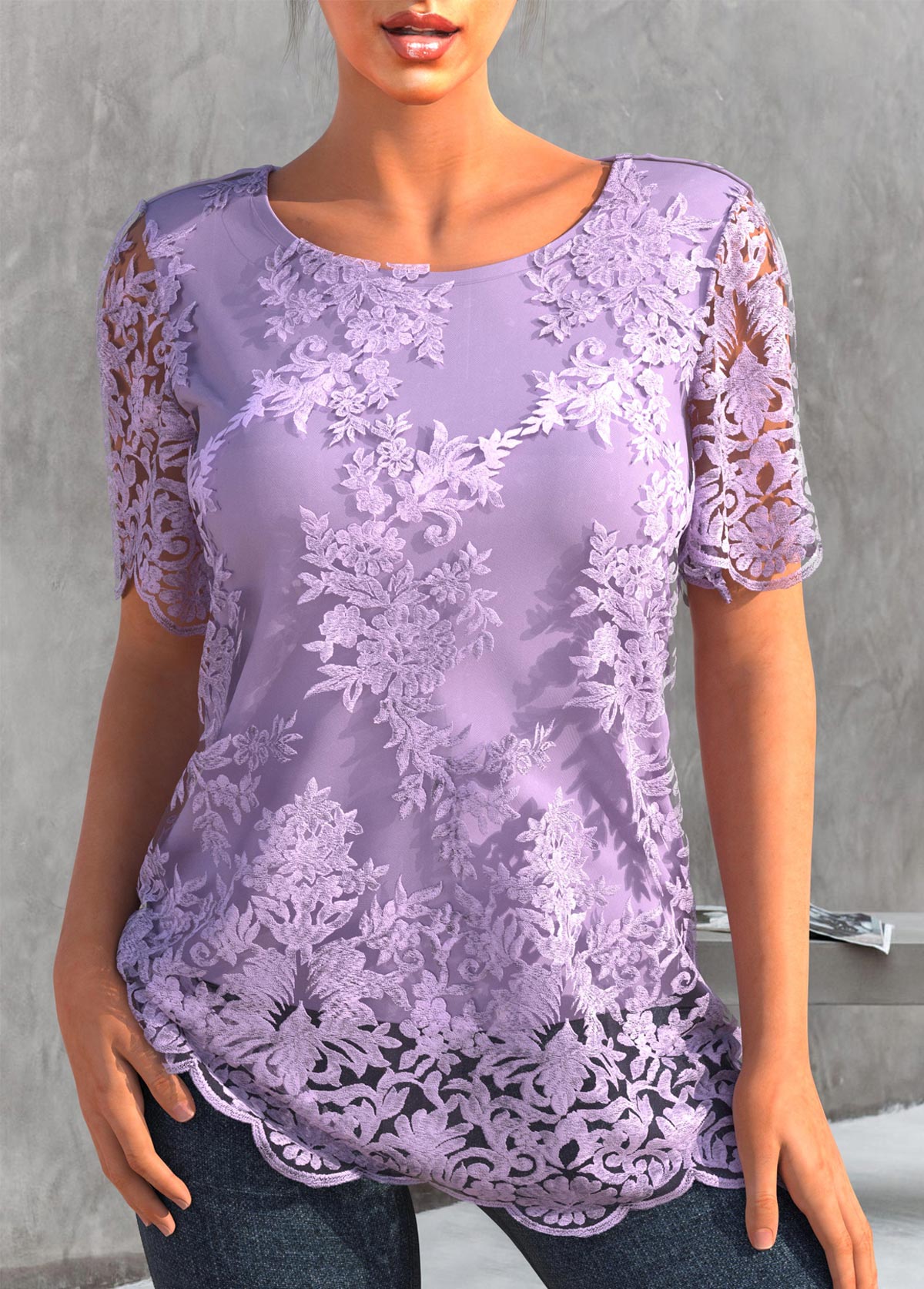 Lace Embroidered Light Purple 3/4 Sleeve T Shirt