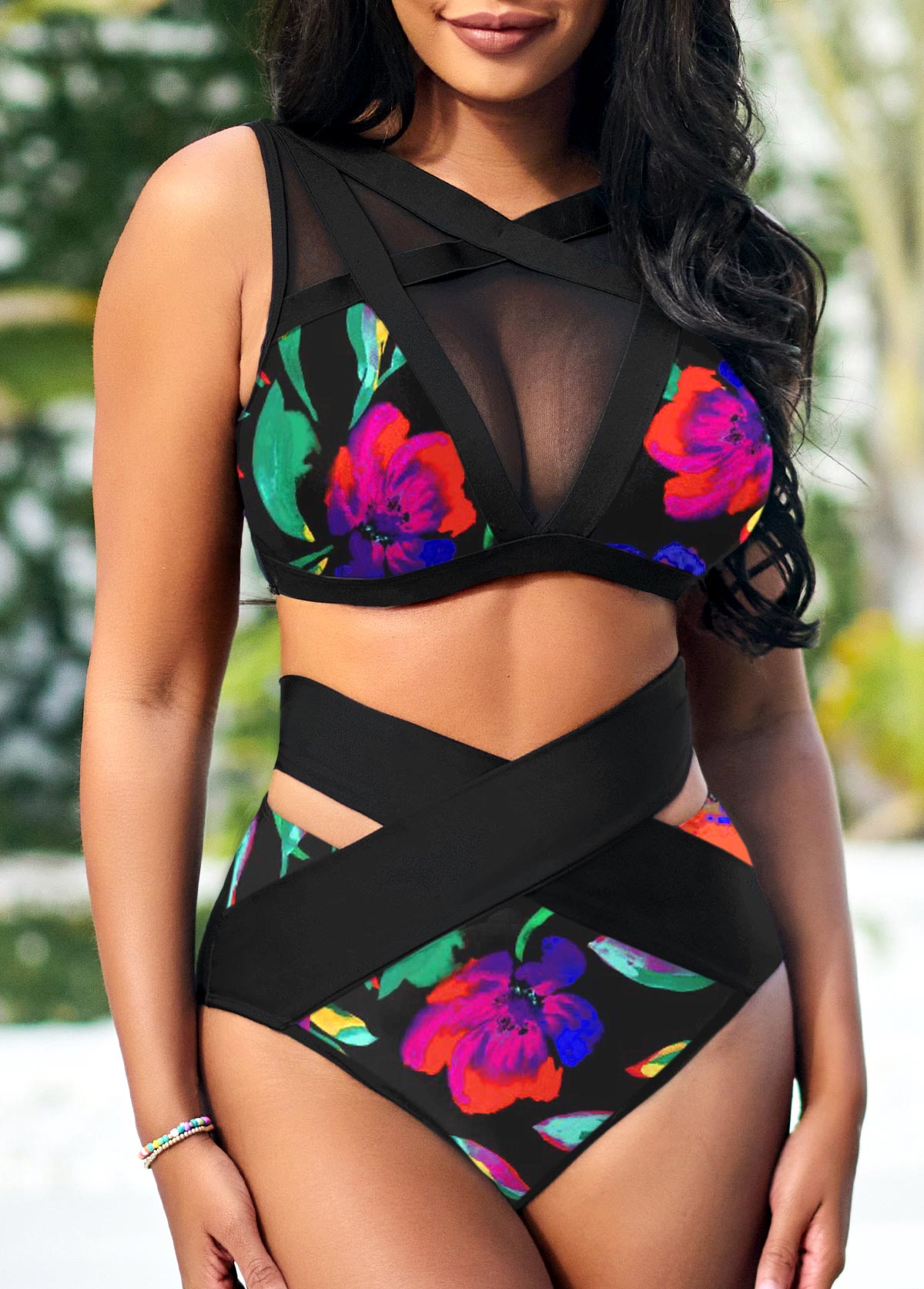 Mesh Stitching Floral Print High Waisted Bikini Set | picture 