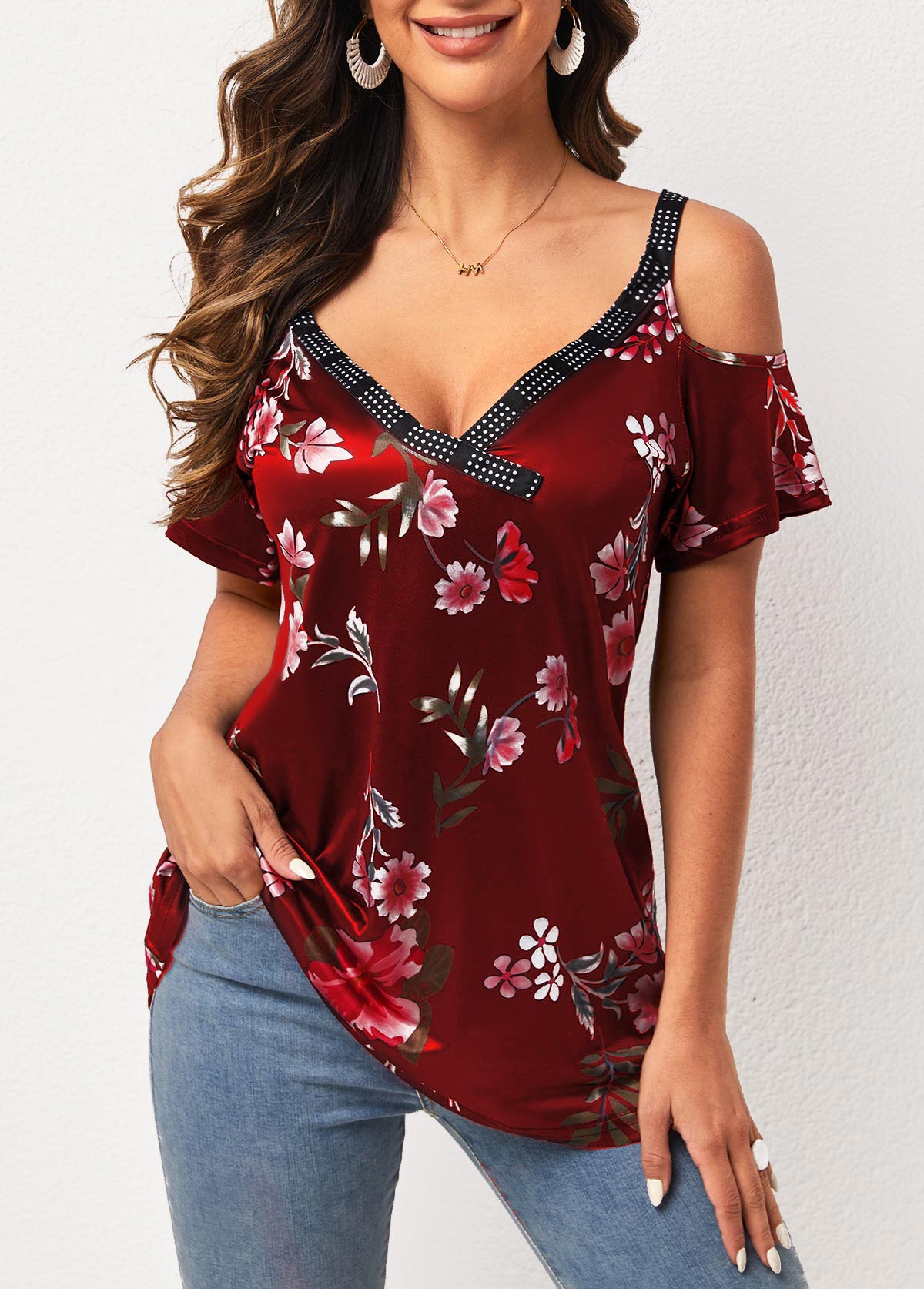 Strappy Cold Shoulder Floral Print Wine Red T Shirt