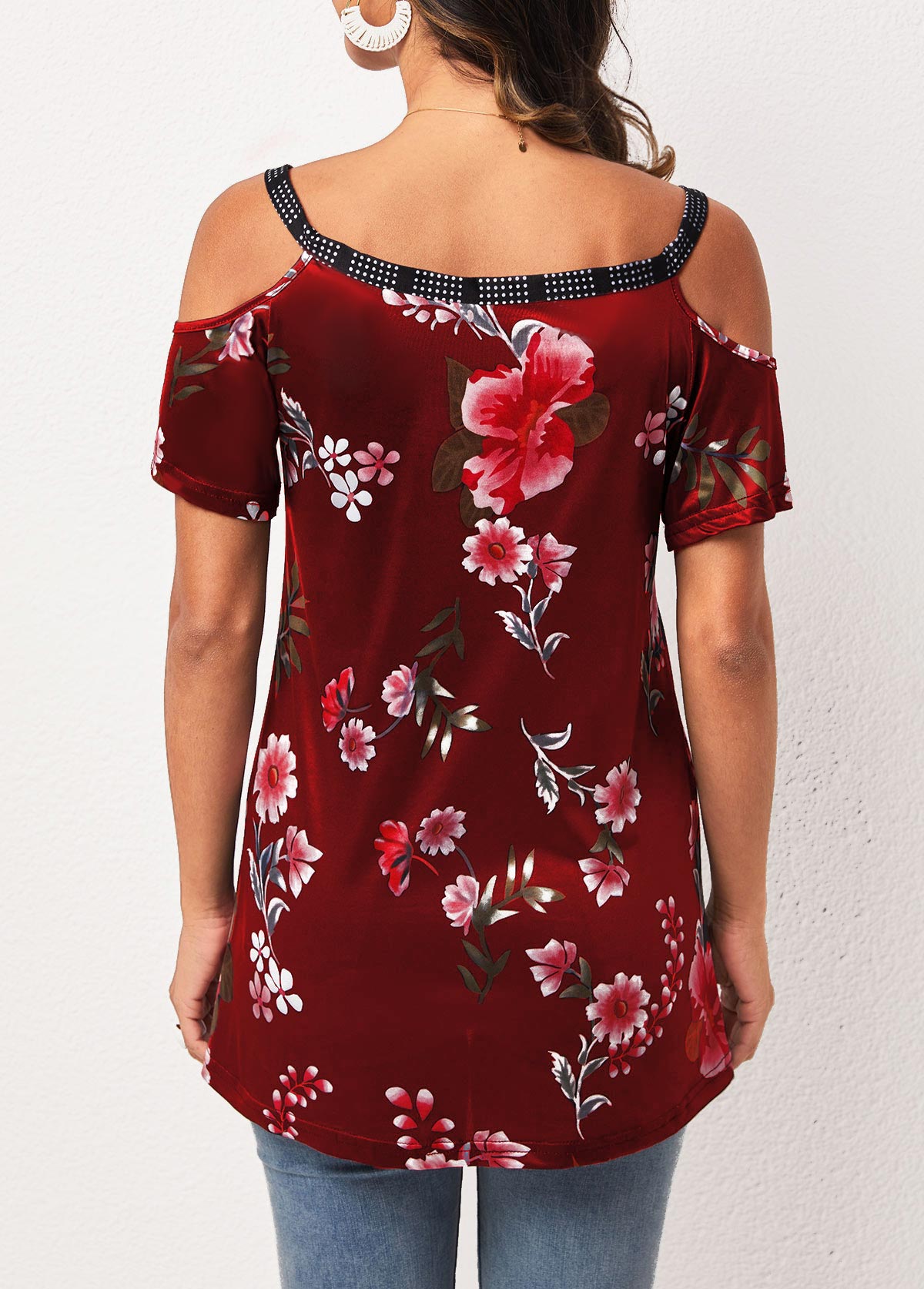 Strappy Cold Shoulder Floral Print Wine Red T Shirt