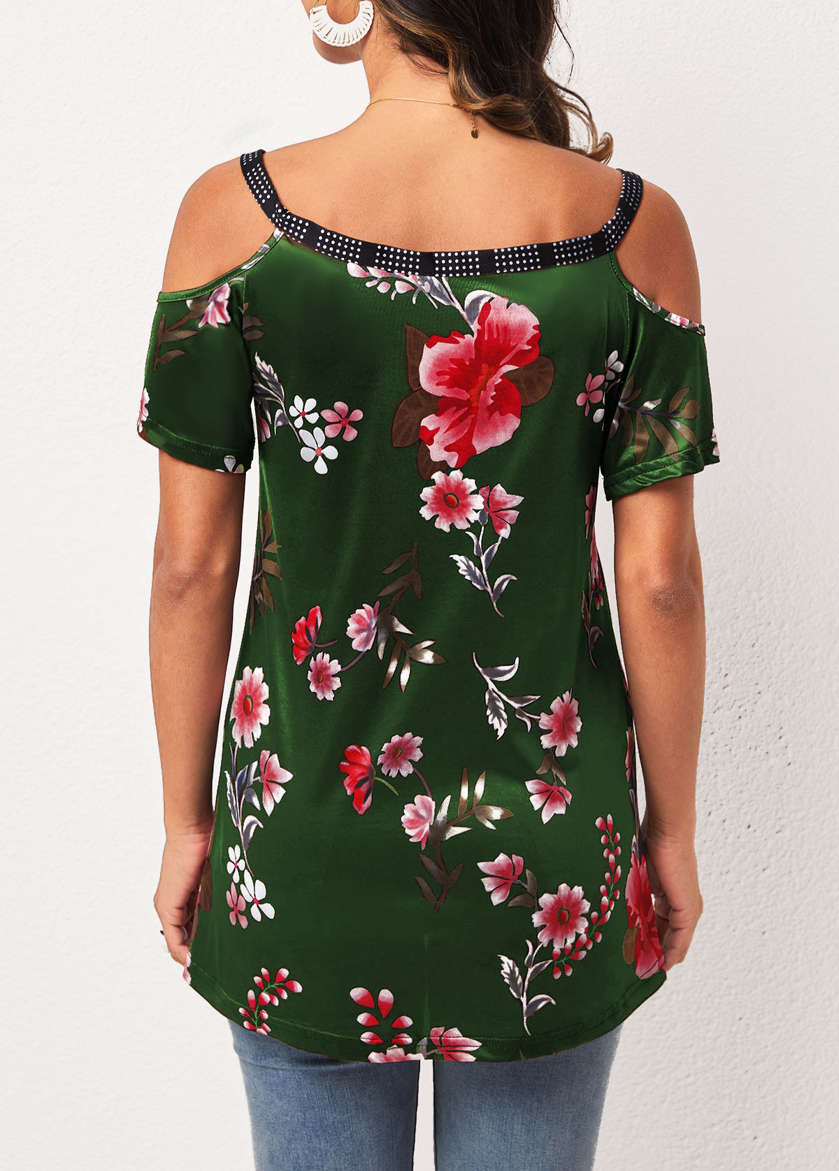 Strappy Cold Shoulder Floral Print Army Green T Shirt