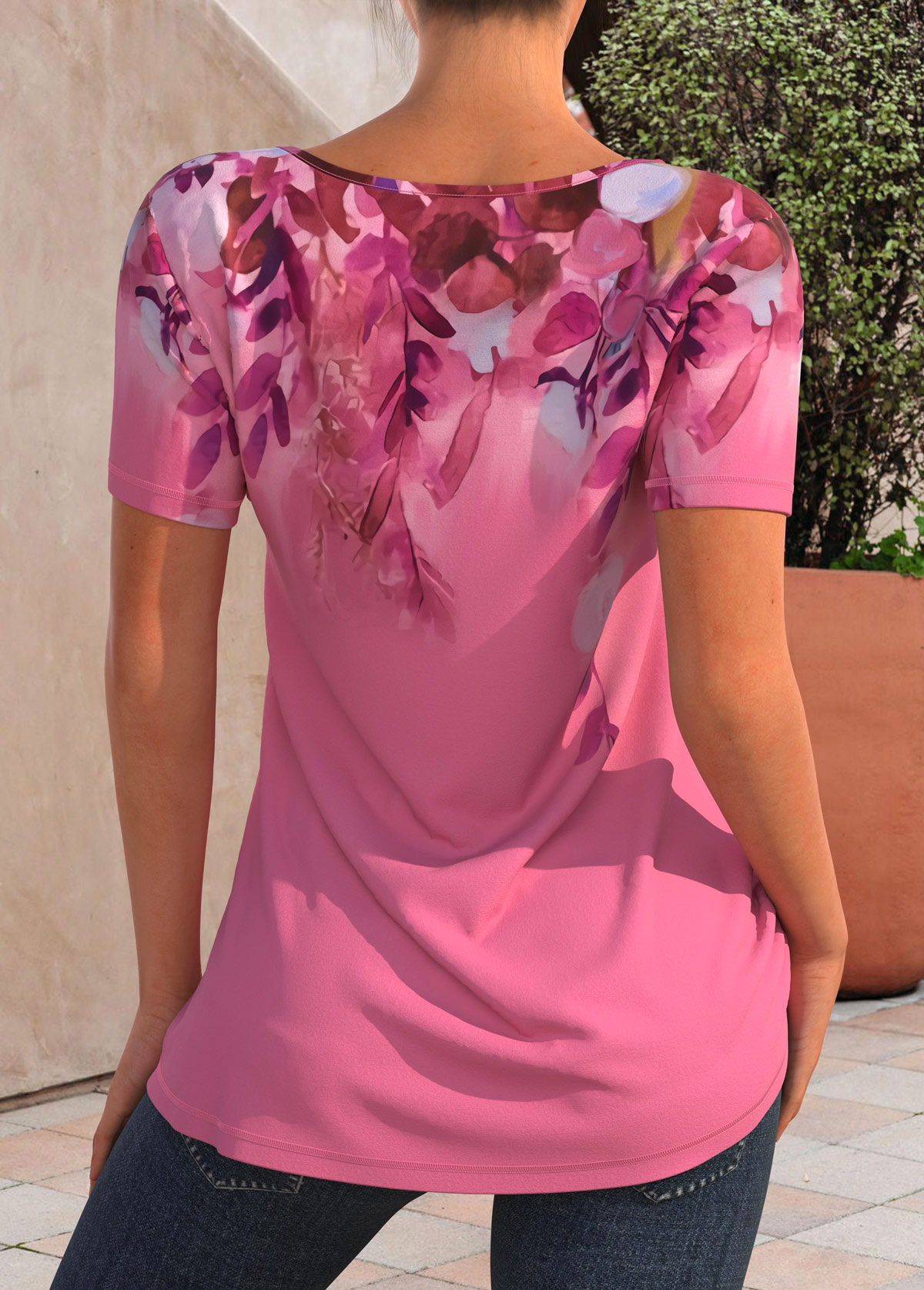Decorative Button Floral Print Pink T Shirt