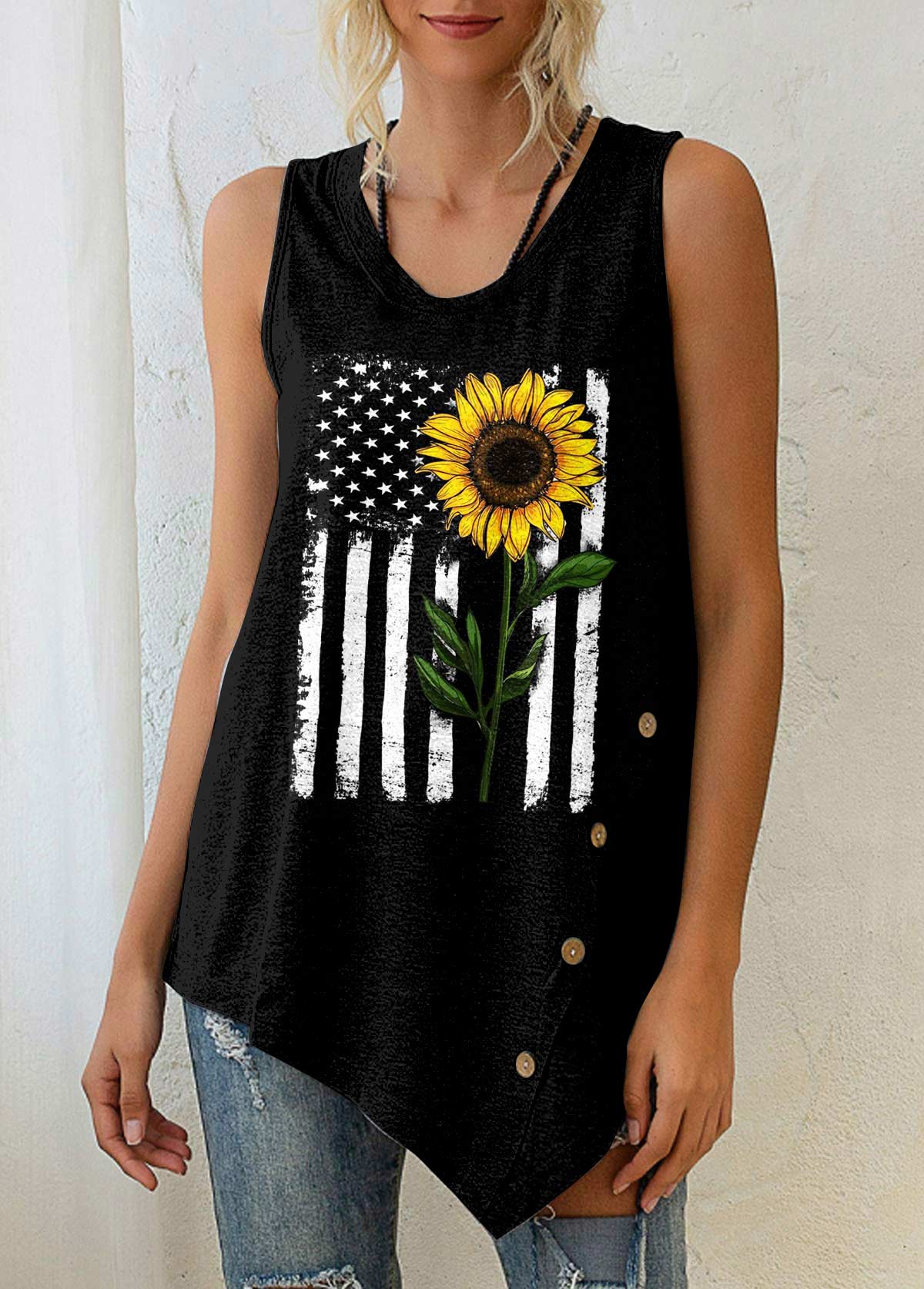 Black Sunflower and American Flag Print Tank Top