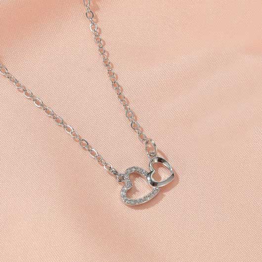 Heart Design Rhinestone Silver Metal Necklace
