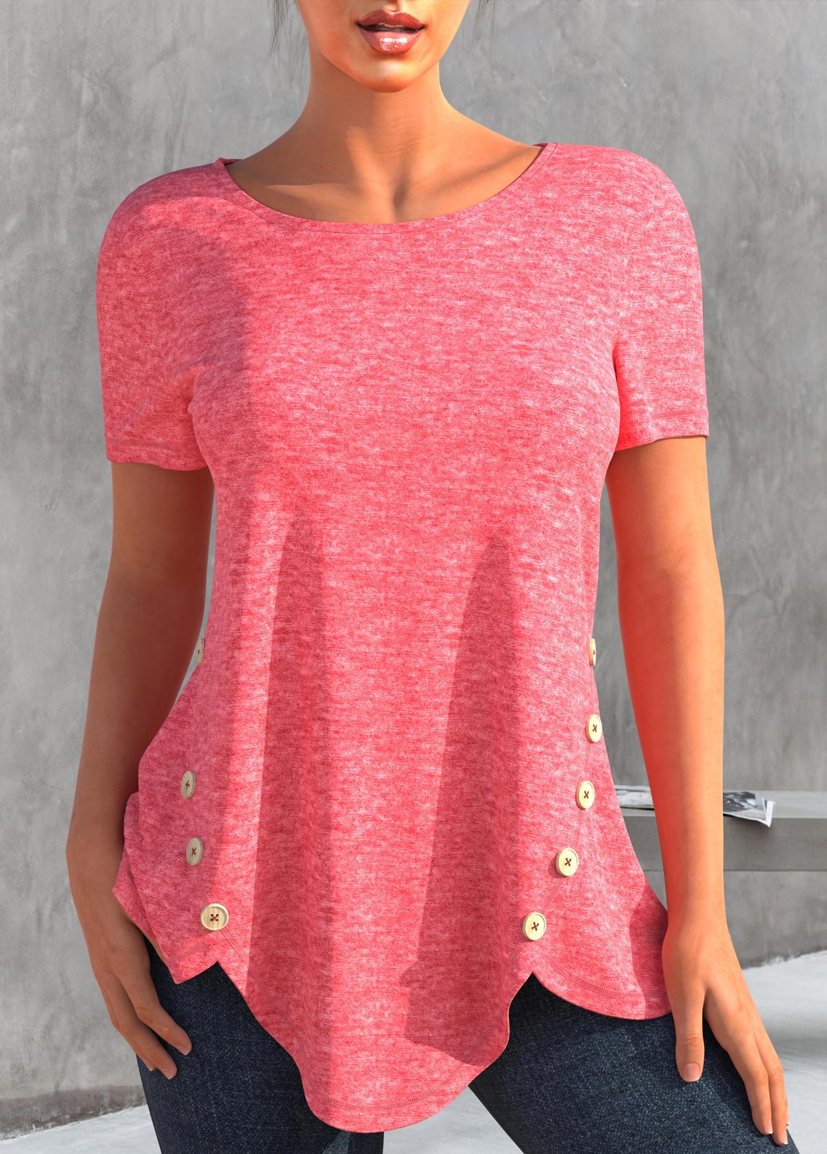 Decorative Button Round Neck Pink T Shirt