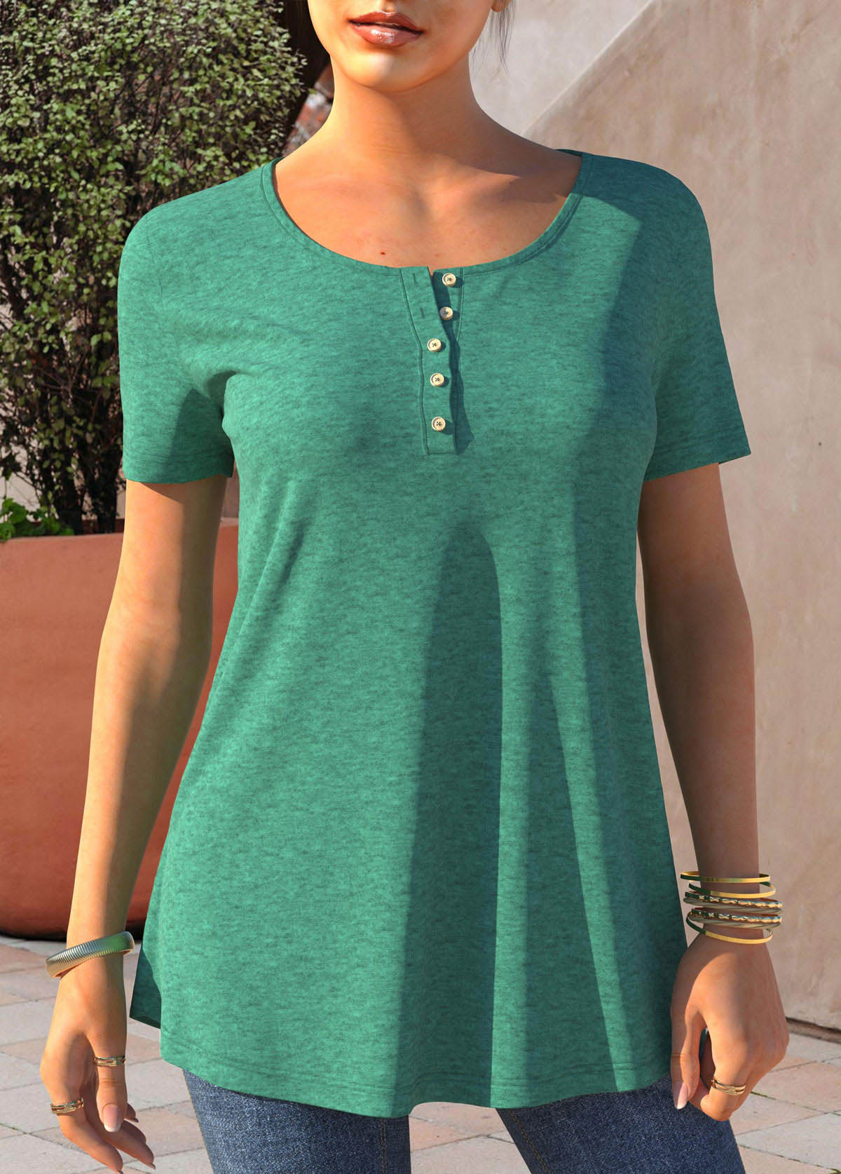 Short Sleeve Turquoise Button Detail T Shirt