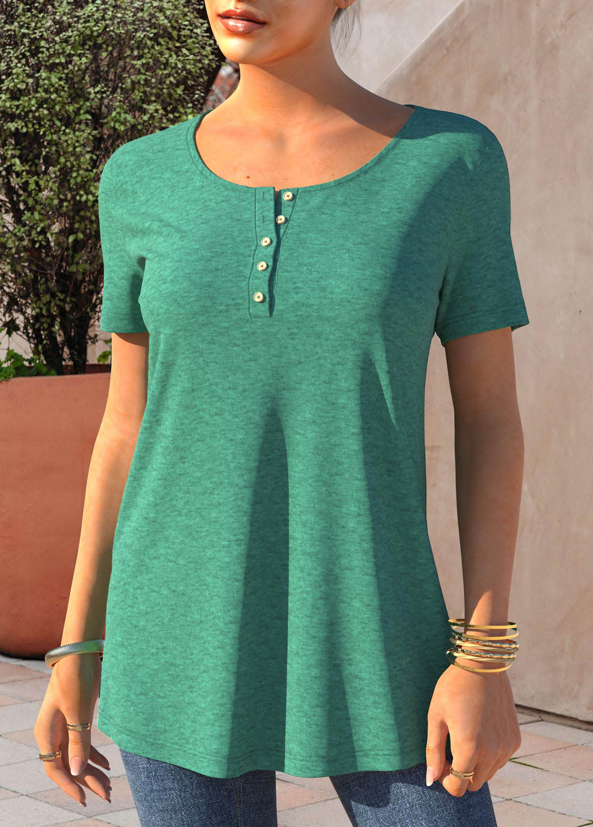Short Sleeve Turquoise Button Detail T Shirt