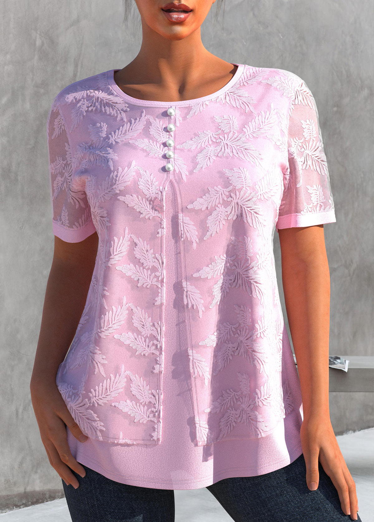 Faux Two Piece Embroidered Light Pink T Shirt
