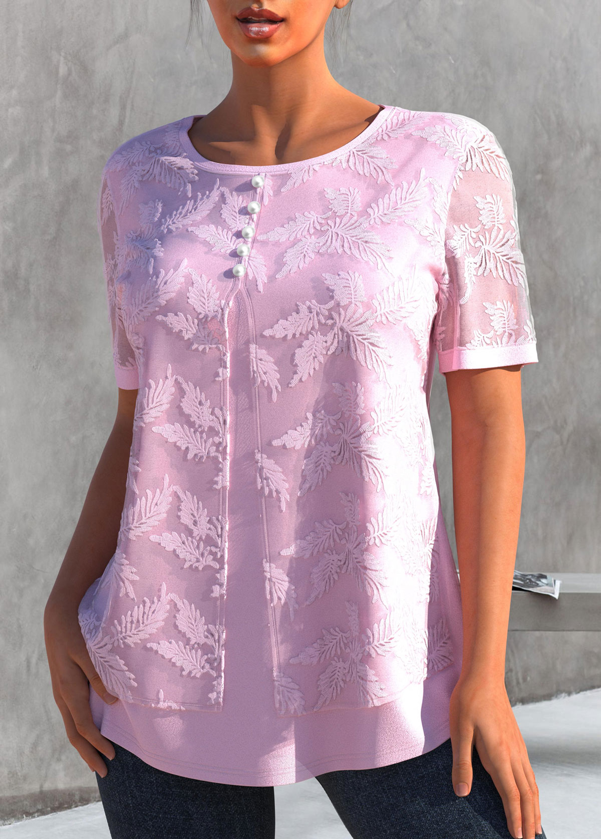 Faux Two Piece Embroidered Light Pink T Shirt