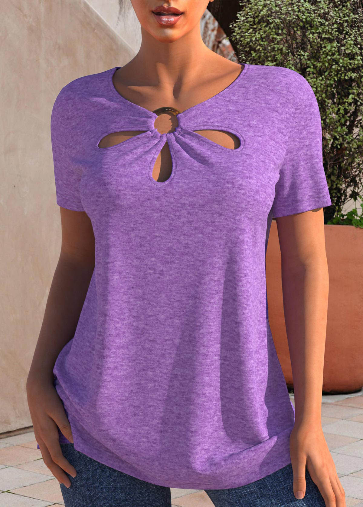 Light Purple Cage Neck Short Sleeve T Shirt
