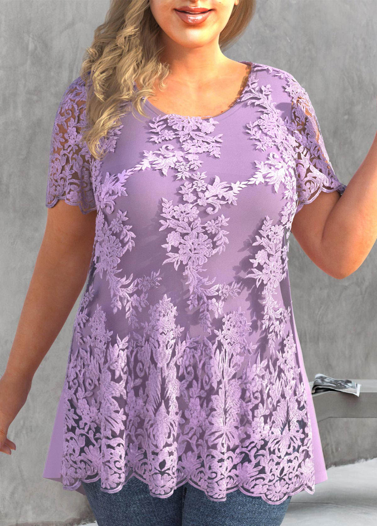 Embroidered Plus Size Light Purple T Shirt