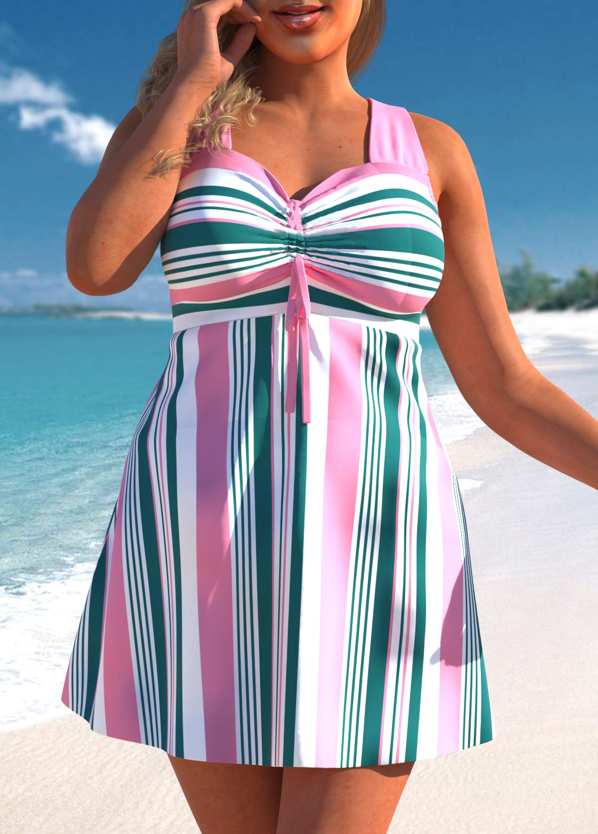 Plus Size Pink Cross Strap Striped Swimdress and Shorts