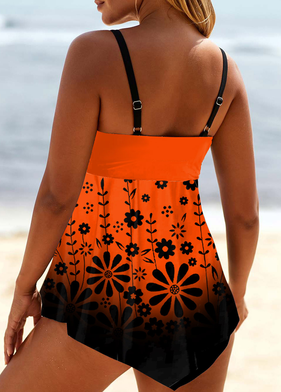 Orange Floral Print Ombre Swimdress Top-No Bottom