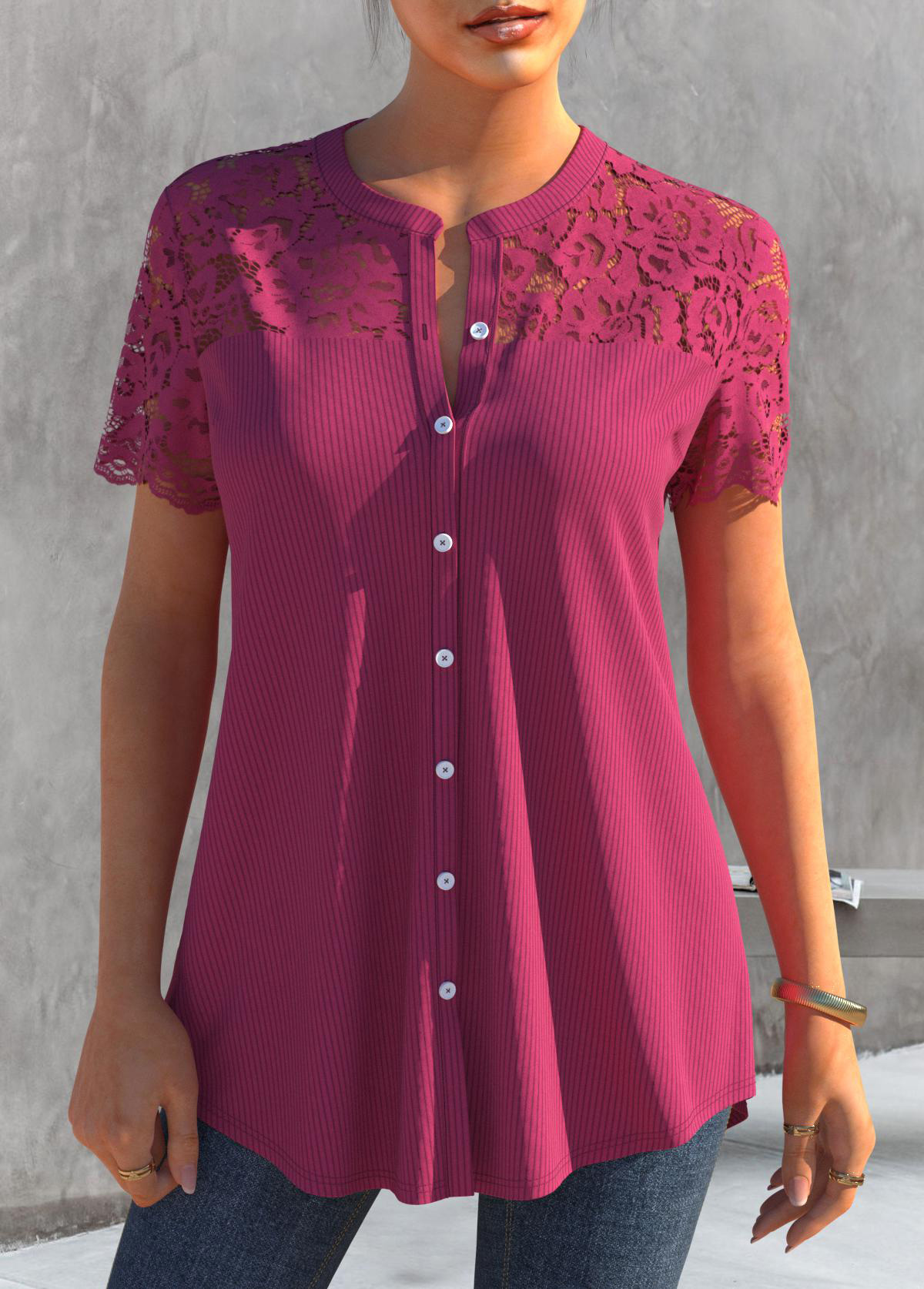 Lace Patchwork Short Sleeve Rose Red Blouse