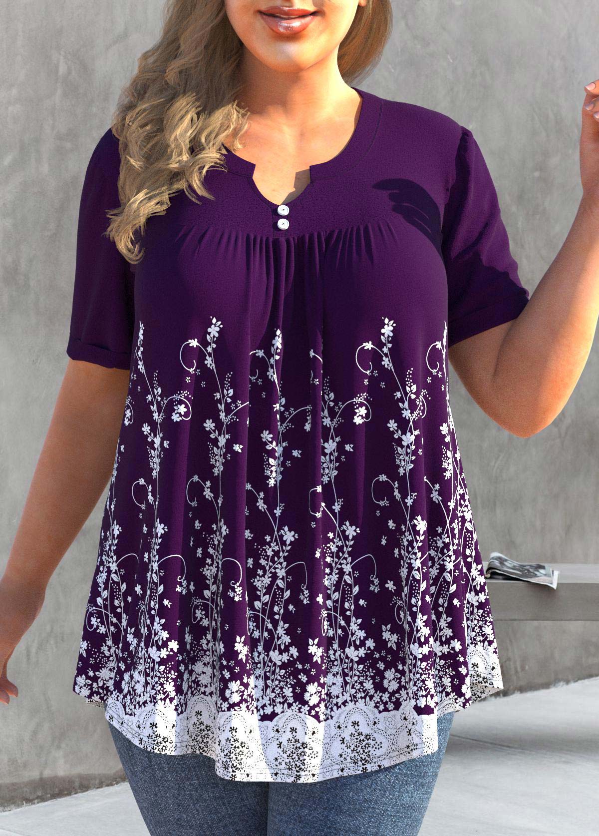Plus Size Floral Print Deep Purple T Shirt