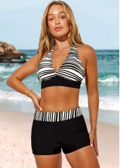 Striped Halter Black High Waisted Bikini Set | thumb picture 