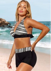 Striped Halter Black High Waisted Bikini Set | thumb picture 