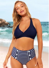Striped Nautical Halter Navy Blue Bikini Set