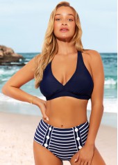 Striped Nautical Halter Navy Blue Bikini Set