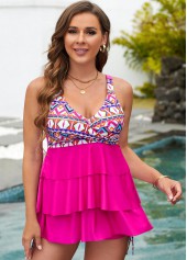 Layered Ruffle Hem Rose Red Geometric Print Tankini Set