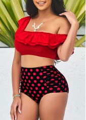 Polka Dot High Waist Flounce Red Smocked Bikini Set | thumb picture 