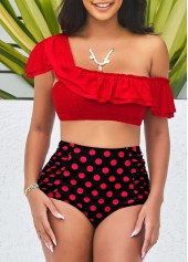 Polka Dot High Waist Flounce Red Smocked Bikini Set