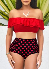 Polka Dot High Waist Flounce Red Smocked Bikini Set | thumb picture 