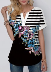 Striped Floral Print Split Neck Black T Shirt | thumb picture 