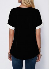 Striped Floral Print Split Neck Black T Shirt | thumb picture 